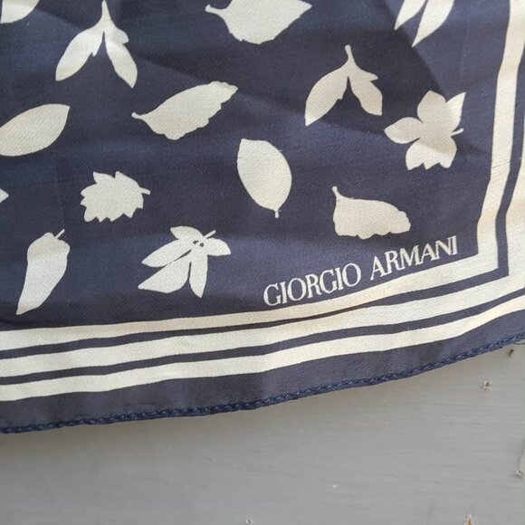 Georgio Armani Small Silk Blue Tan Leaf Print Scarf - Picture 2 of 7